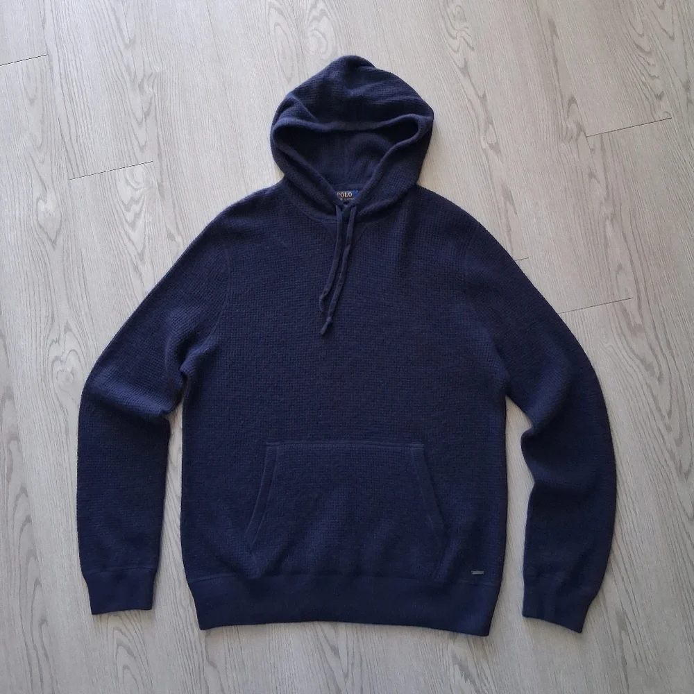 Polo Ralph Lauren Washable Cashmere Hooded Sweater In Waffle Knit Navy XL